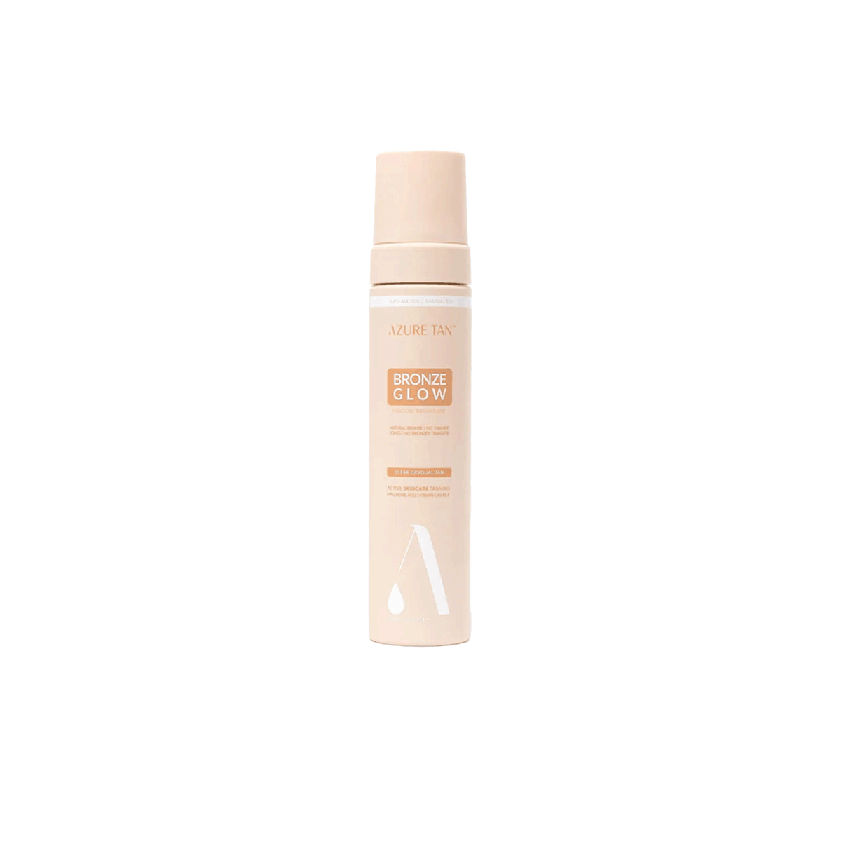 Azure Tan Bronze Glow Self Tanning Mousse: fles met transparante zelfbruiner, verrijkt met hyaluronzuur en vitaminecomplex, voor een natuurlijke gouden gloed zonder afgeven op kleding.