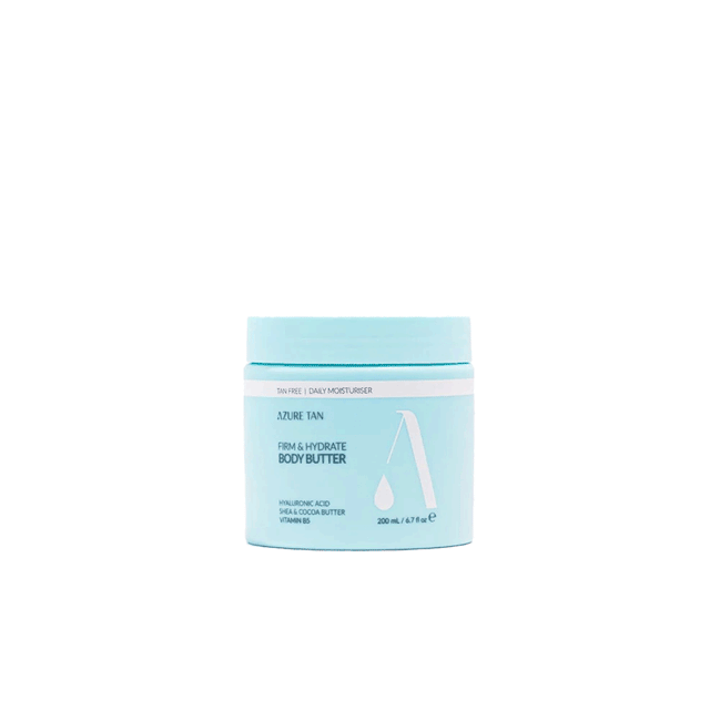 Azure Tan Firm & Hydrate Body Butter pot – Rijke verstevigende bodycrème met Hyaluronzuur en Shea Butter voor tan onderhoud.