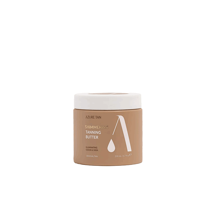 Azure Tan Shimmering Tanning Butter pot – Hydraterende gradual tan met subtiele glitter en goudbruine glans.