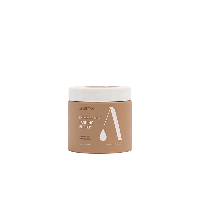 Azure Tan Shimmering Tanning Butter pot – Hydraterende gradual tan met subtiele glitter en goudbruine glans.